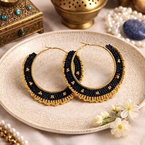 Indian Artisan Beaded Boho Chic Stylish Handmade Statement Hoop Earrings